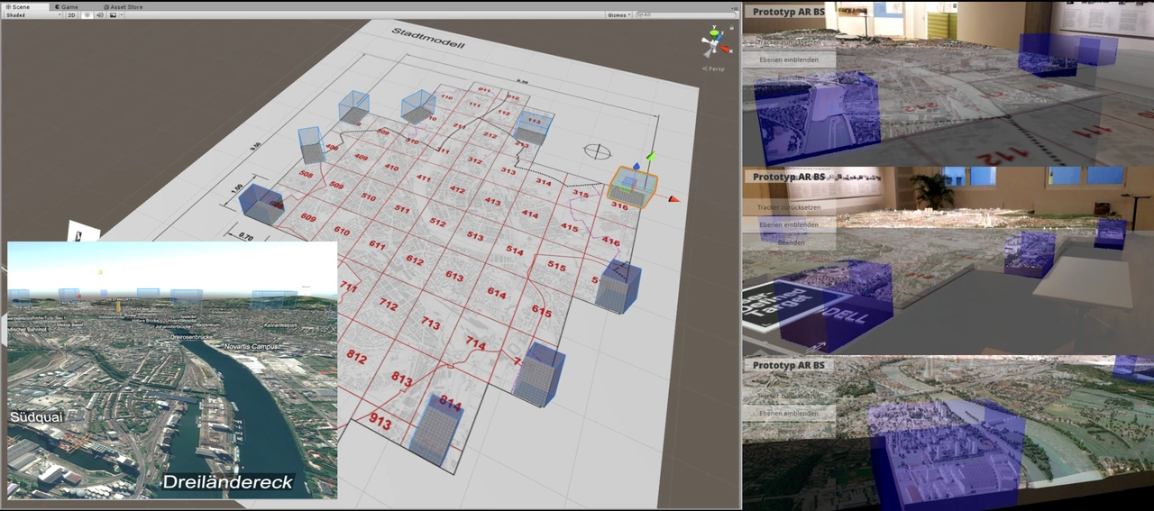 AR BS prototype views: a digital city model in Unity and spatial overlays on the physical city model of Basel.