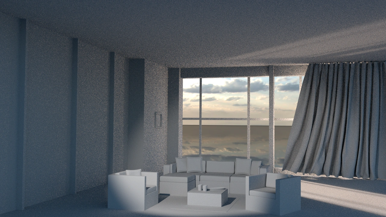 Interior rendering with seating, large windows and folded curtains.