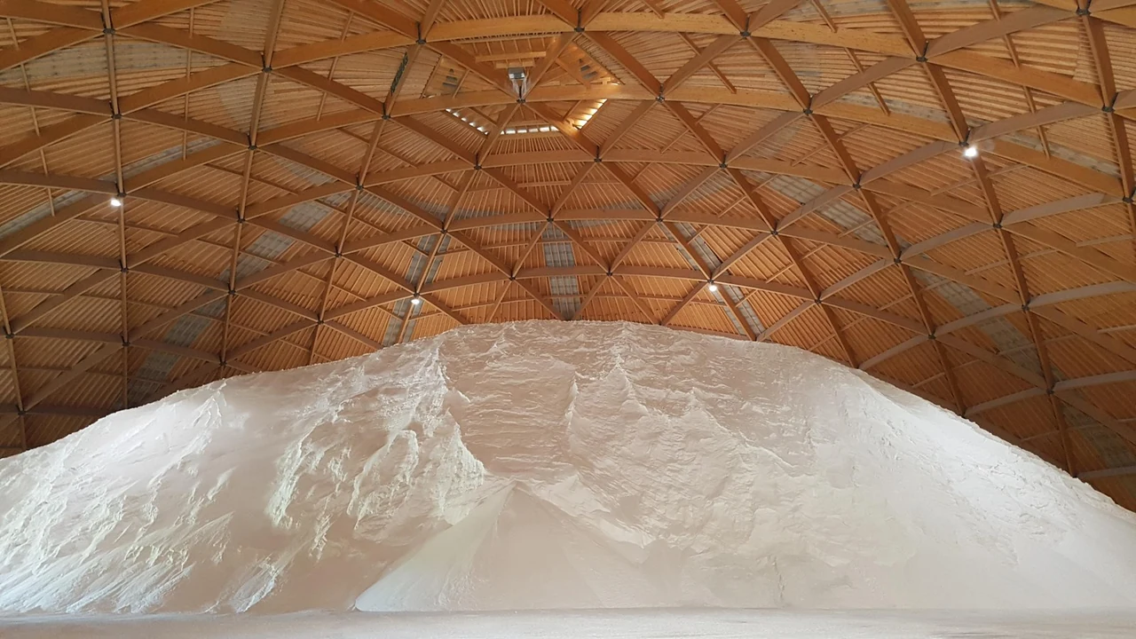 Stored salt beneath a timber dome structure.