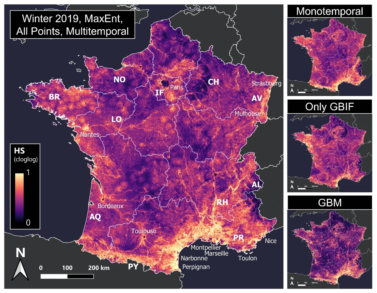 Comparison of winter wild boar habitat-suitability maps of France for different modeling approaches and occurrence datasets.